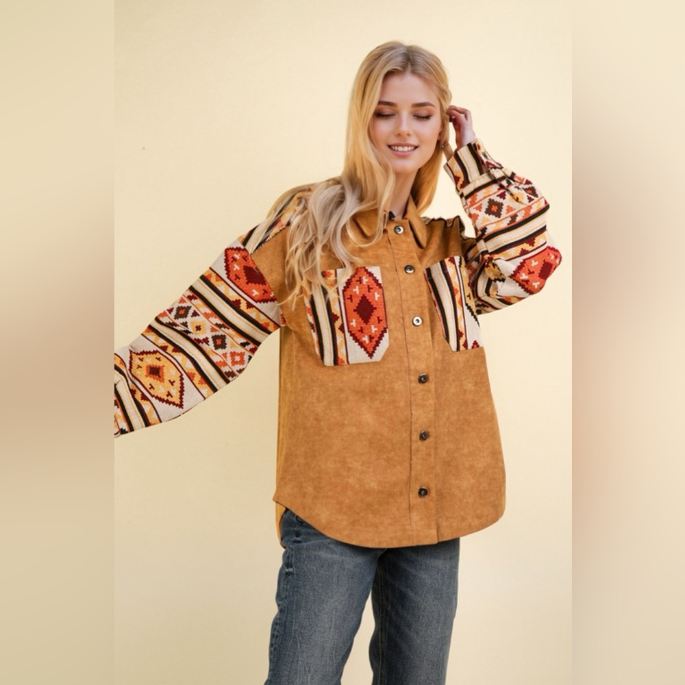 $89 NWT New In Aztec western Graphic Oversized Button Down Shacket Jacket L - Picture 4 of 10